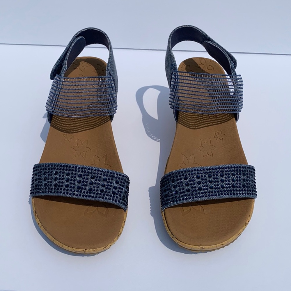 Cali from Skechers 119084 Navy Luxe Foam Wedge Slingback Rhinestone Sandal Sz 7